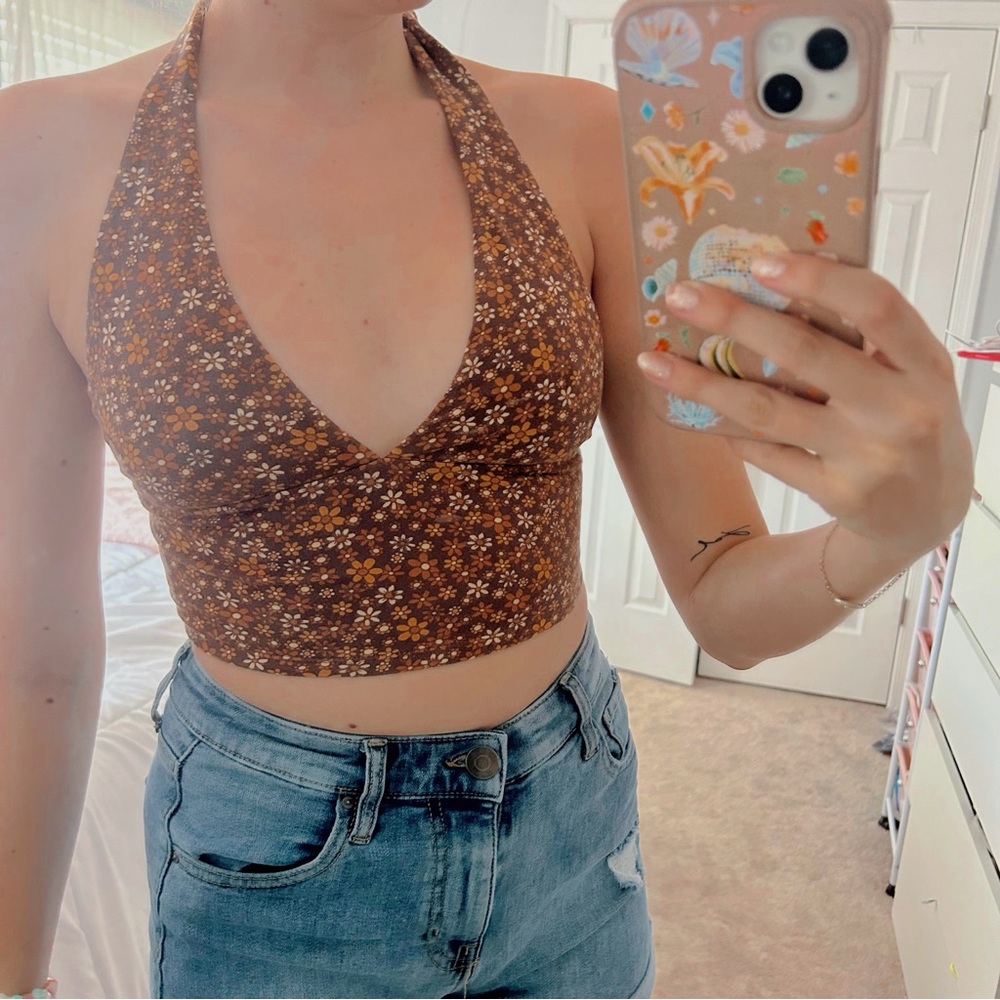 Garage Brown Patterned Halter Top